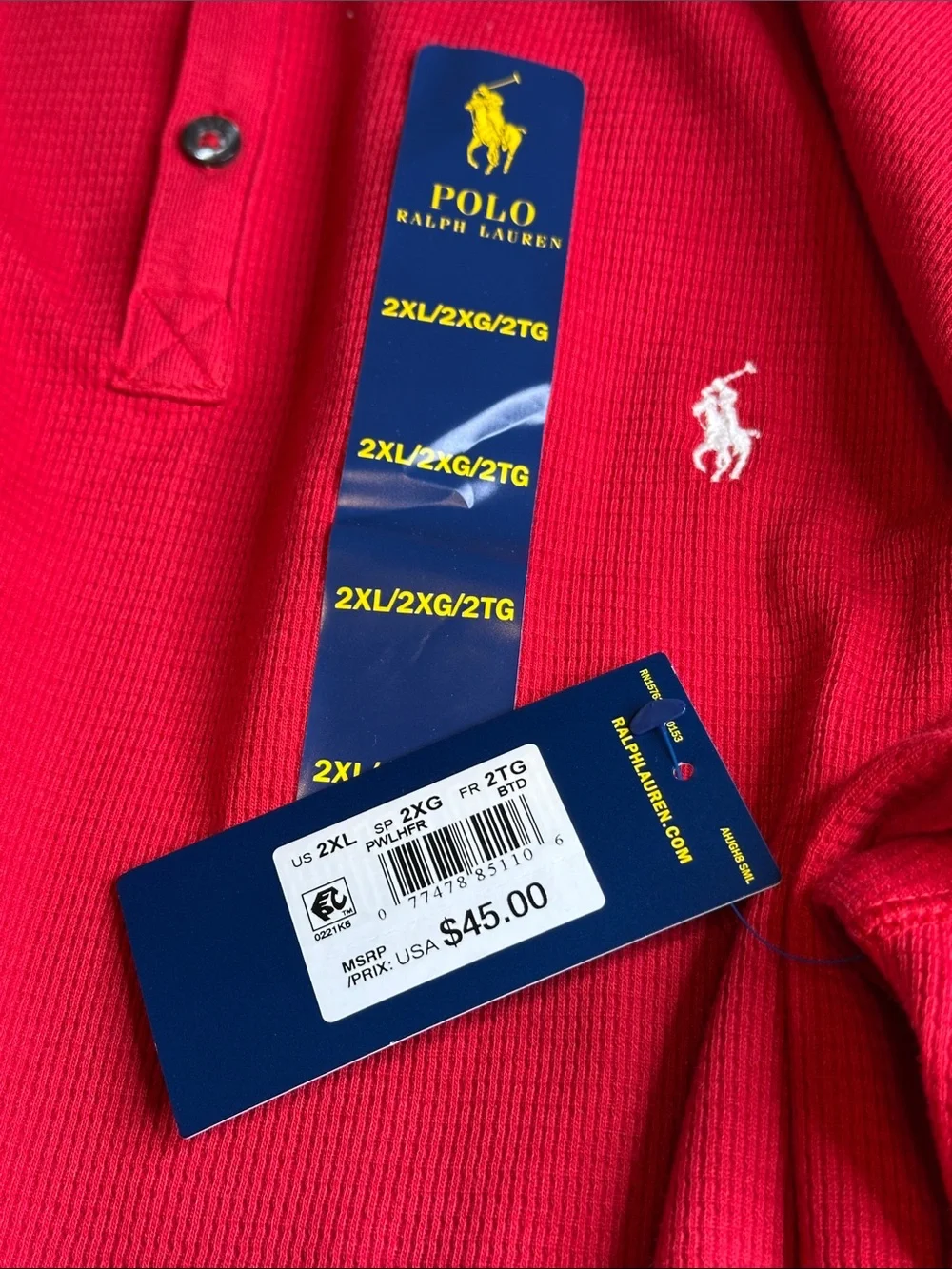 NWT Polo Ralph Lauren Red Waffle-Knit Thermal Long-Sleeve Henley Shirt Size 2XL